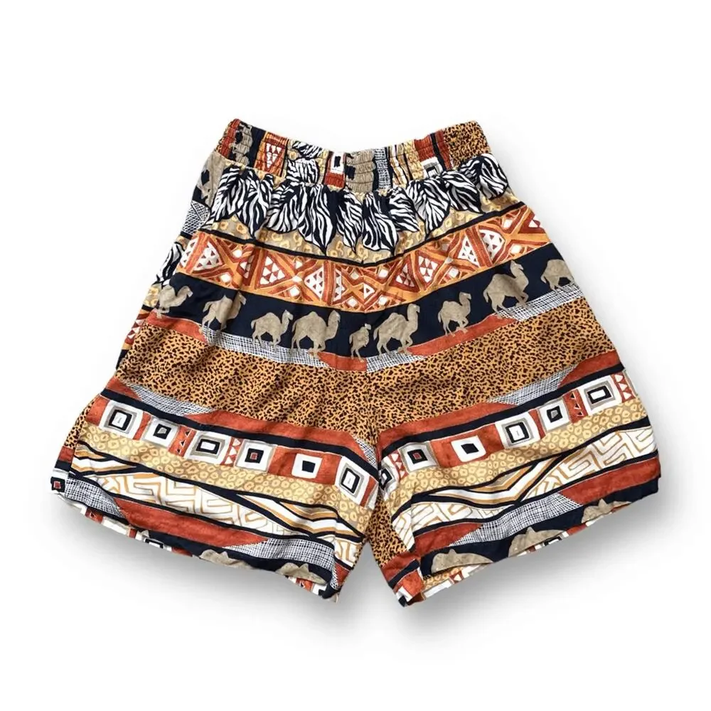 Vintage Shorts High Waisted Baggy Boho Abstract Camel Animal Print Eclectic